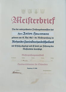 Meisterbrief Anton Hausmann